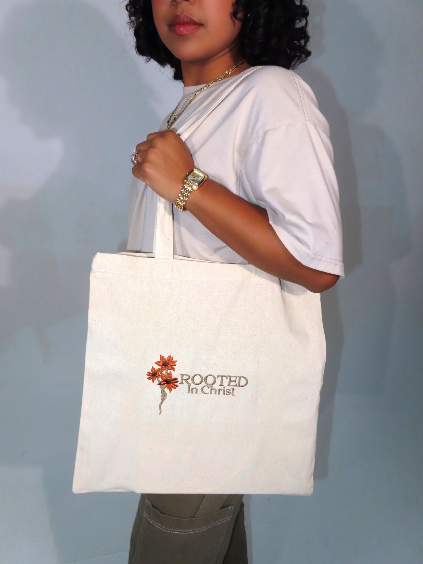 Rooted In Christ Embroidered Tote Bag